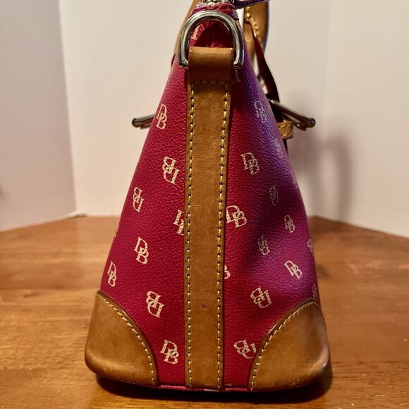Dooney & Bourke Pebble Leather Satchel Berry Pink DB Logo Coquette Bag Tan Trim - Picture 3 of 13